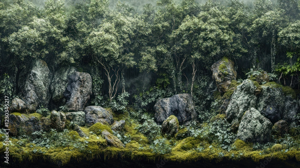 Misty forest scene, rocks, moss, background, nature photography, panoramic Misty forest scene, rocks, moss, background, nature photography, panoramic