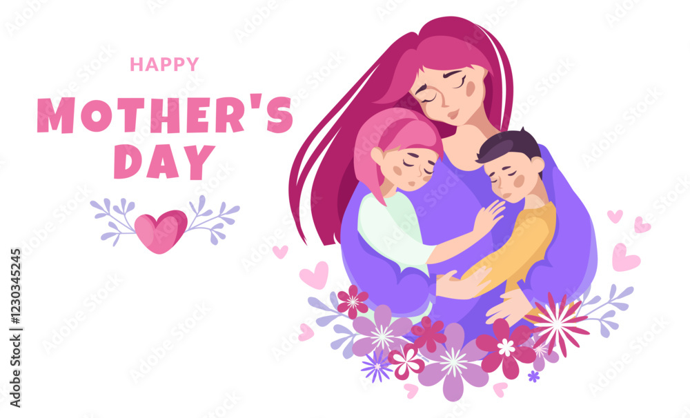 Happy Mother's Day illustration with mother hugging children. Mother hugging her son and daughter, surrounded by floral decorations and cute typography. greeting cards, posters, social media. Vector Happy Mother's Day illustration with mother hugging children. Mother hugging her son and daughter, surrounded by floral decorations and cute typography. greeting cards, posters, social media. Vector