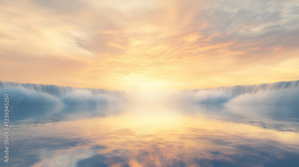 Serene ocean sunset, misty waves, calm reflection, peaceful background, ideal for meditation Serene ocean sunset, misty waves, calm reflection, peaceful background, ideal for meditation
