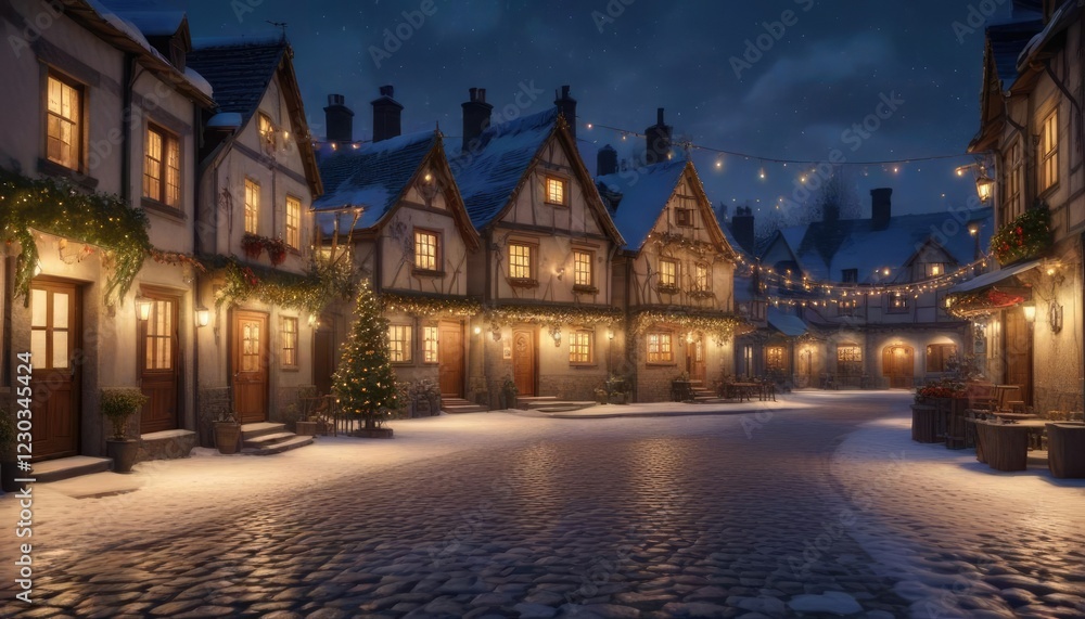 Fototapeta premium Snowy village square with festive lights and Christmas decorations, snowflakes falling, winter wonderland