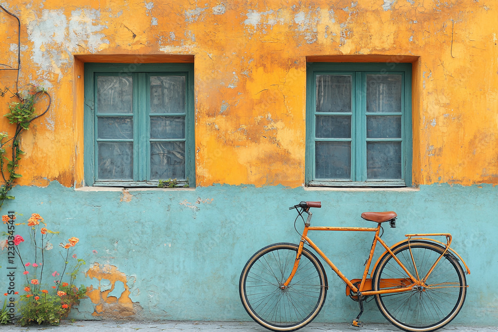 Orange Bicycle Against Weathered Turquoise and Yellow Wall Orange Bicycle Against Weathered Turquoise and Yellow Wall
