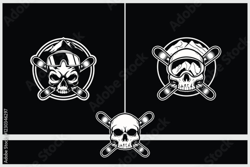 Black and White Skull head with Ski boards vector logo