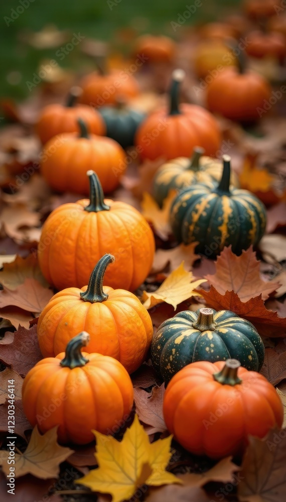 Colorful pumpkins scattered across a blanket of leaves, rustic, garden, autumn colors Colorful pumpkins scattered across a blanket of leaves, rustic, garden, autumn colors