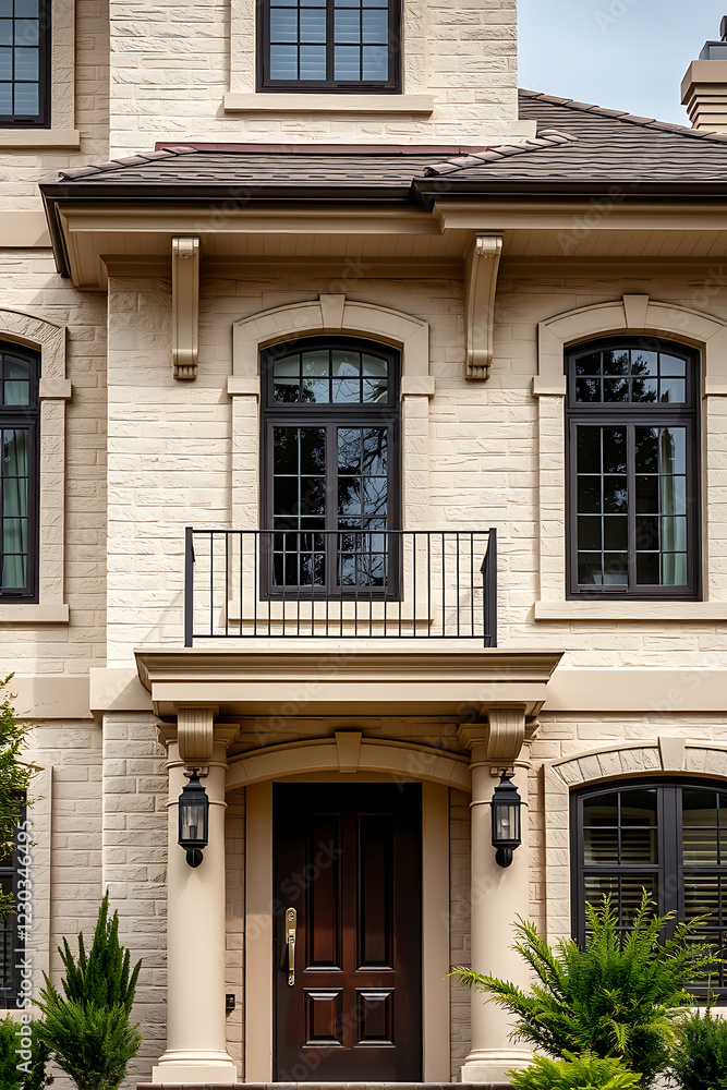 Obraz premium Elegant Brick House Exterior: Modern Architecture and Classic Design. Real Estate Photography of a Luxurious Home with a Grand Entrance and Balcony.