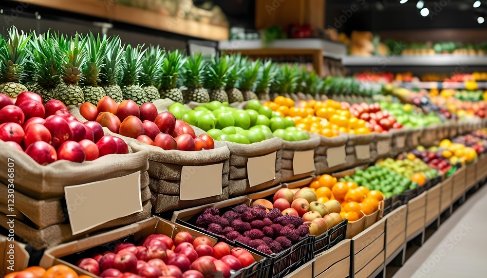 Vibrant fruit display grocery store fresh produce indoor market aisle view healthy eating concept Vibrant fruit display grocery store fresh produce indoor market aisle view healthy eating concept