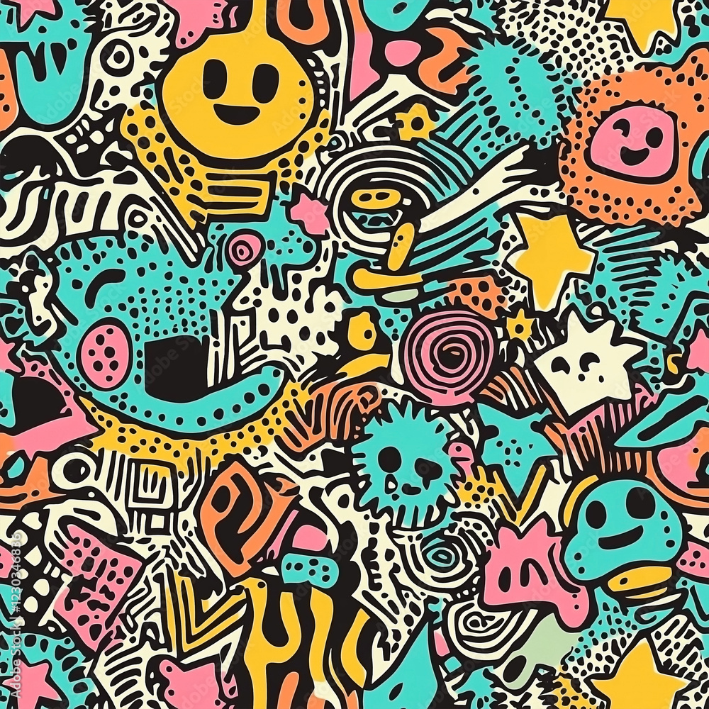 Vibrant Hand-Drawn Doodle Pattern Vector Illustration With Colorful Abstract Shapes Vibrant Hand-Drawn Doodle Pattern Vector Illustration With Colorful Abstract Shapes