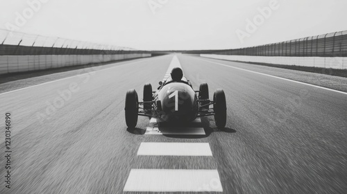 Fotografie Black and white photo of a vintage race car on a track.