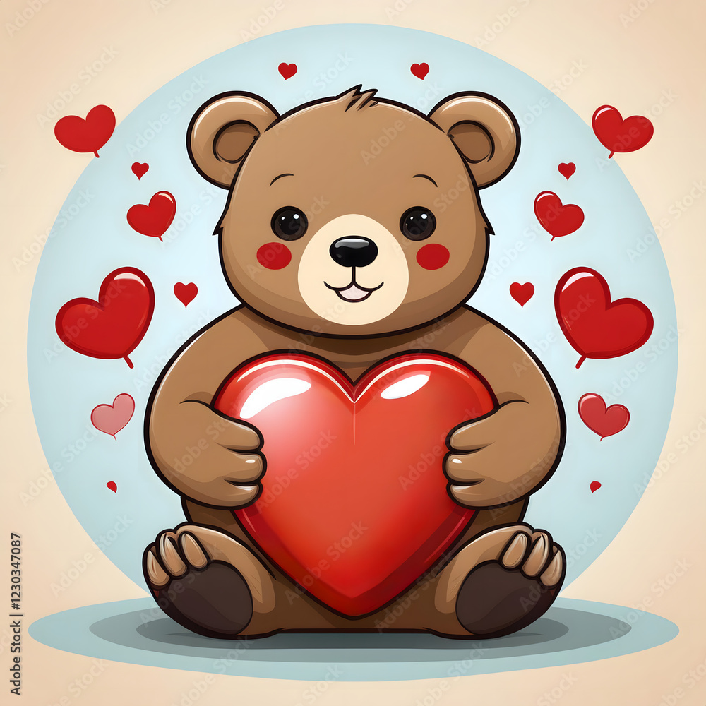 Obraz premium Cute brown teddy bear holding a big red heart against a light blue and yellow circled background with floating hearts
