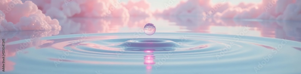 Soft pink oil drop suspended in mid-air over calm water surface, pastel colors, calming effect, gentle ripples Soft pink oil drop suspended in mid-air over calm water surface, pastel colors, calming effect, gentle ripples