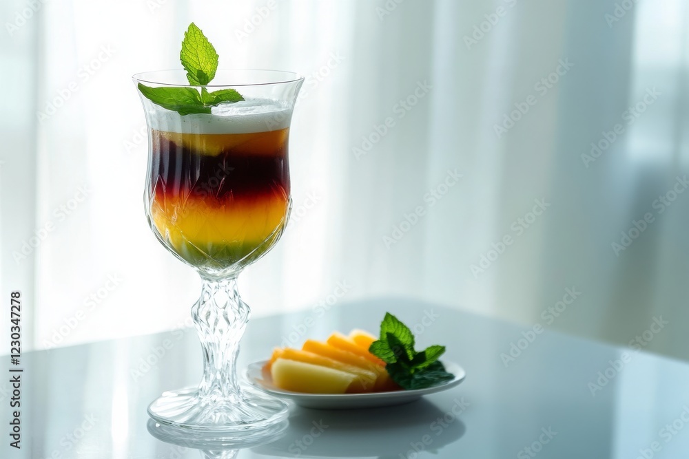 Refreshing tea cocktail featuring layers of infused tea, fresh fruit slices, a sprig of mint, served in an elegant, uniquely-shaped glass. Cocktail presented on a clean, white surface Refreshing tea cocktail featuring layers of infused tea, fresh fruit slices, a sprig of mint, served in an elegant, uniquely-shaped glass. Cocktail presented on a clean, white surface
