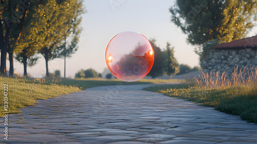 A beautiful pink glass sphere placed on a textured surface outdoors, reflecting sunlight and sky, creating a dreamy effect, perfect for nature-inspired, magical, and creative conceptual photography. photo