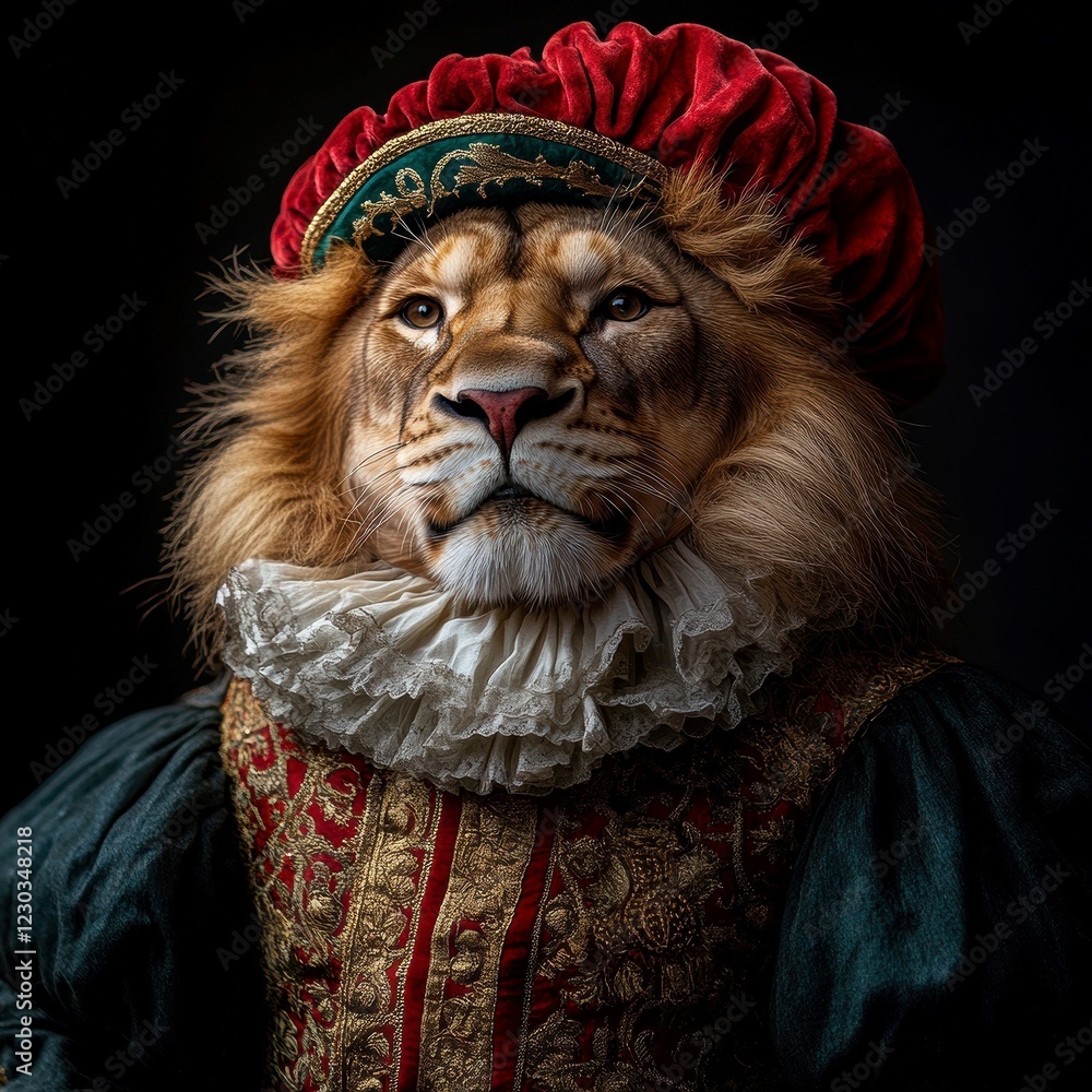 A lion in Renaissance attire stands upright, facing the camera The detailed outfit features a black doublet with gold embroidery, a red satin collar, and a feathered ruff The backgrou - AI-generated A lion in Renaissance attire stands upright, facing the camera The detailed outfit features a black doublet with gold embroidery, a red satin collar, and a feathered ruff The backgrou - AI-generated