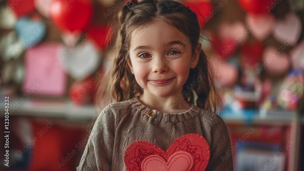 Happy Child Holding Handmade Heart Card in School: Valentine’s Day Celebration with Balloons, Paper Hearts, and Festive Decorations Happy Child Holding Handmade Heart Card in School: Valentine’s Day Celebration with Balloons, Paper Hearts, and Festive Decorations