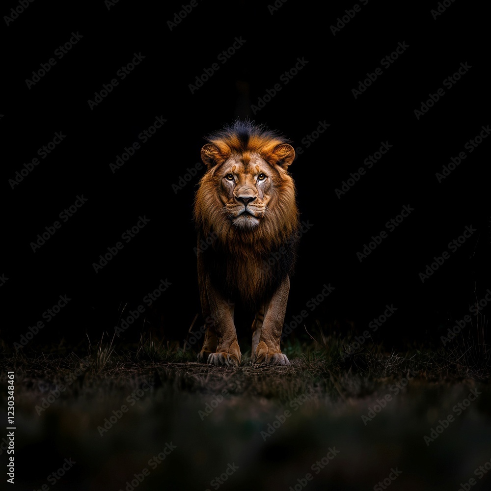 Fototapeta premium A powerful lion, standing on uneven terrain, is illuminated in a dark savanna or grassland The mane varies from dark to light and eyes are only hinted due to the angle and light source - AI-generated