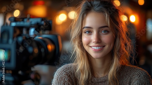 A young woman with long blonde hair smiles brightly at the camera, with a professional camera in the background.