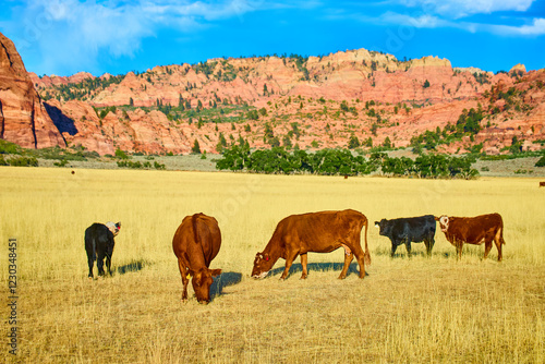 Cows Grazing in Kolob Canyon with Red Rock Backdrop Eye-Level View photo