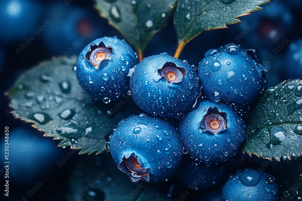 Dewy Blueberries Clustered On Green Leaves Dewy Blueberries Clustered On Green Leaves