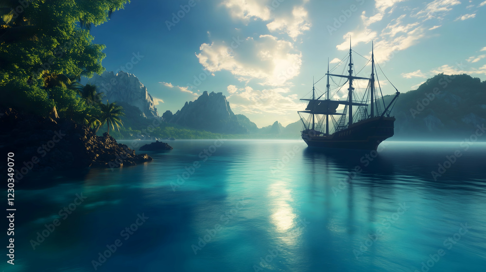 A large ship sails in the ocean near a rocky shore A large ship sails in the ocean near a rocky shore