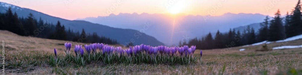 Fototapeta premium A picturesque scene of a field of purple flowers with a stunning sunset in the background. The flowers are scattered throughout the field, creating a beautiful and calming atmosphere