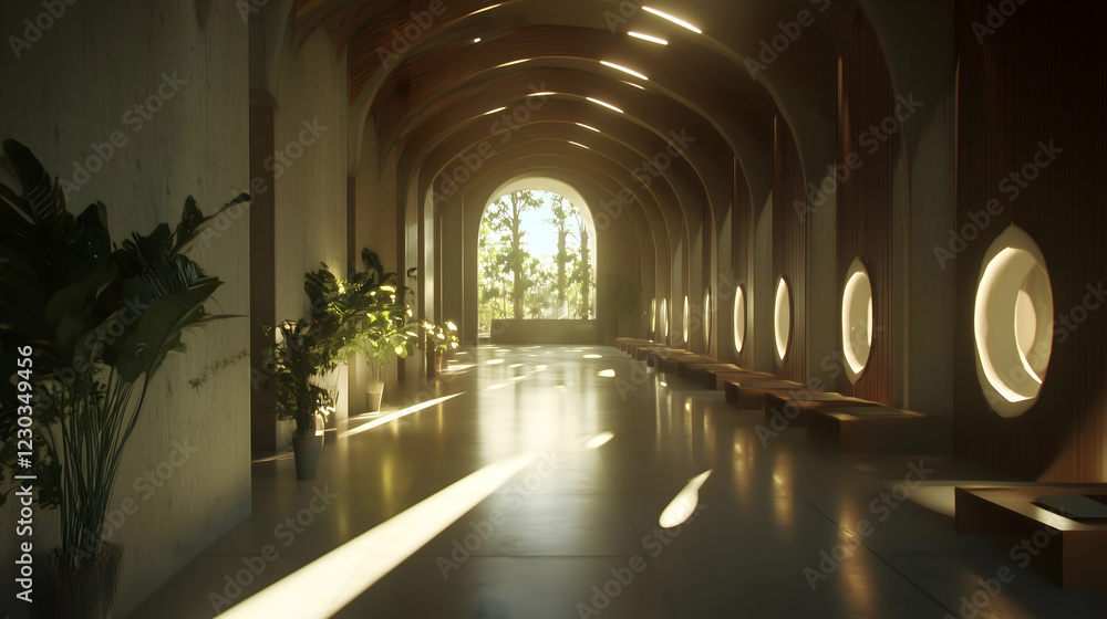 Obraz premium A long hallway with a lot of windows and a few potted plants