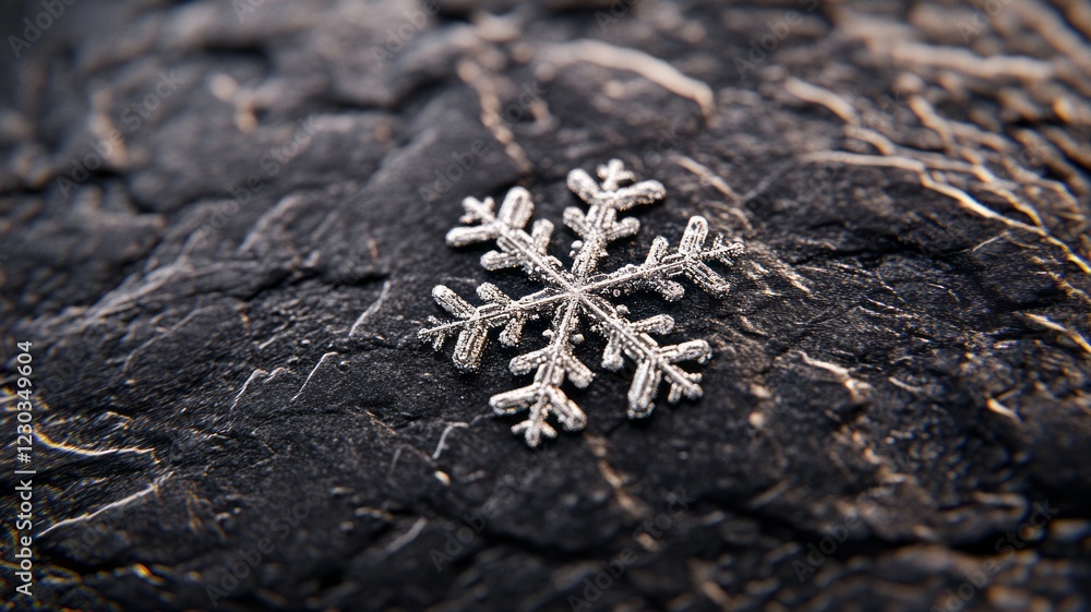 Sparkling silver snowflake on dark textured surface. Sparkling silver snowflake on dark textured surface.
