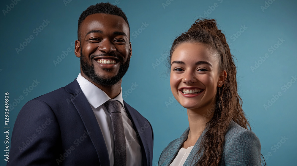 Portrait of two smiling office workers in business attire on a blue background Portrait of two smiling office workers in business attire on a blue background