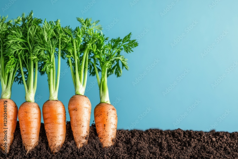 Fresh carrots growing in dark fertile soil against a light blue background Fresh carrots growing in dark fertile soil against a light blue background