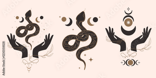 Mystical lillustration set with snake,open hands, and celestial symbols,moon phases and esoteric elements. Perfect for tattoo designs,spiritual art, boho decor, astrology, witchcraft aesthetics.Vector