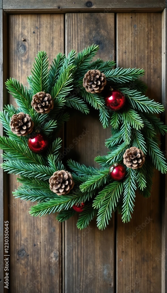 Pinecone and frosted cedar wreath on a wooden wall, natural elements, garland, festive wreath Pinecone and frosted cedar wreath on a wooden wall, natural elements, garland, festive wreath