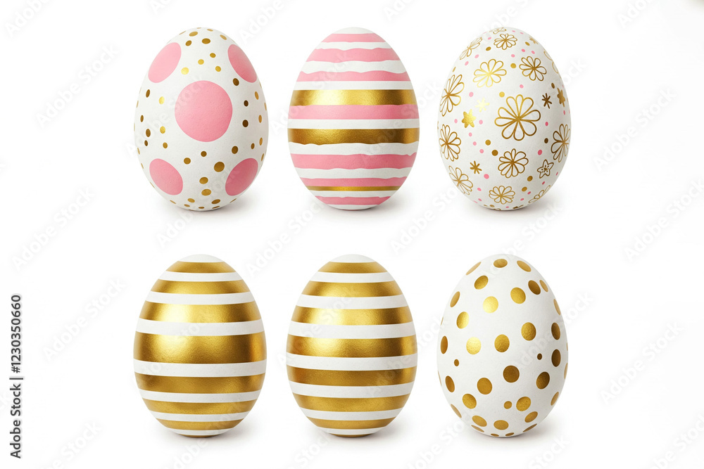 Decorative Easter Eggs Set in Gold and Pink, Elegant Patterns and Floral Motifs Decorative Easter Eggs Set in Gold and Pink, Elegant Patterns and Floral Motifs