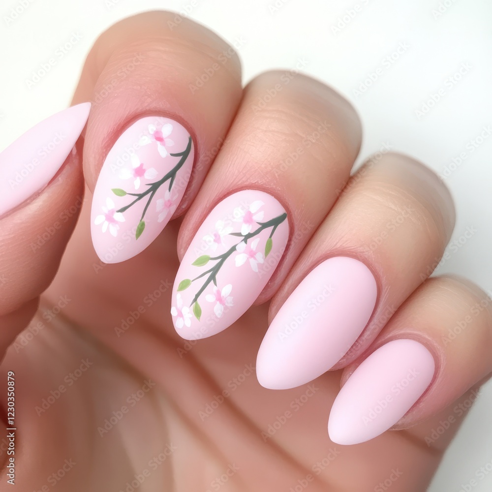 Pink Almond Nails with Cherry Blossom Design: Delicate pink almond-shaped nails adorned with a minimalist cherry blossom branch design, showcasing elegance and springtime charm. Pink Almond Nails with Cherry Blossom Design: Delicate pink almond-shaped nails adorned with a minimalist cherry blossom branch design, showcasing elegance and springtime charm.