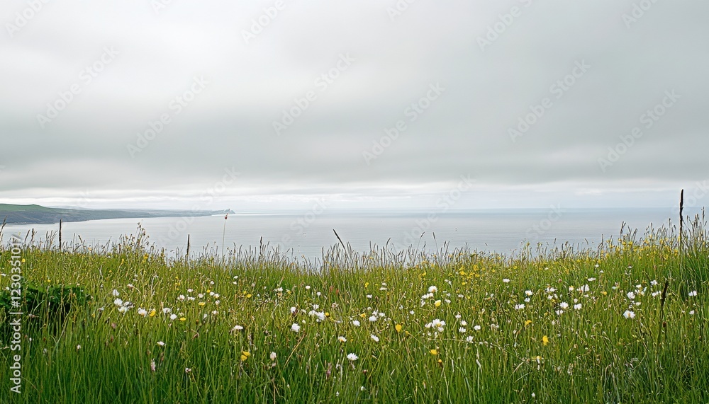 Coastal landscape with grass and sea water beach. Ocean horizon background. Coastal landscape with grass and sea water beach. Ocean horizon background.