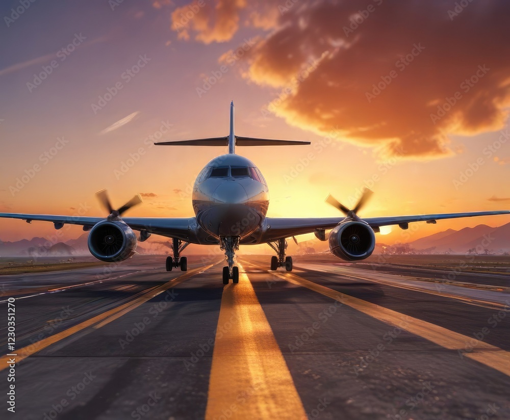 Plane on runway with engines revving during sunrise, sky, departure, airplane Plane on runway with engines revving during sunrise, sky, departure, airplane