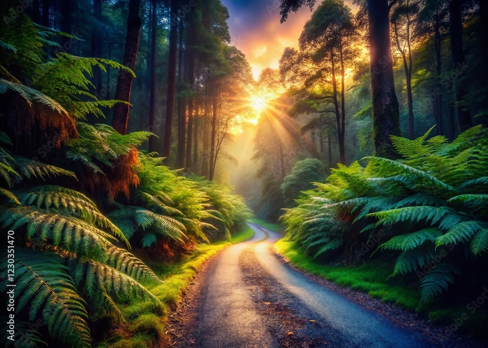 Mystical Forest Road: Low Light Ferns and Path Mystical Forest Road: Low Light Ferns and Path