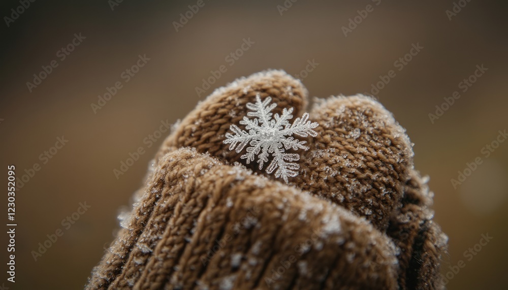 A delicate snowflake rests gently in a pair of warm, brown knitted gloves, covered in a light dusting of snow. A delicate snowflake rests gently in a pair of warm, brown knitted gloves, covered in a light dusting of snow.