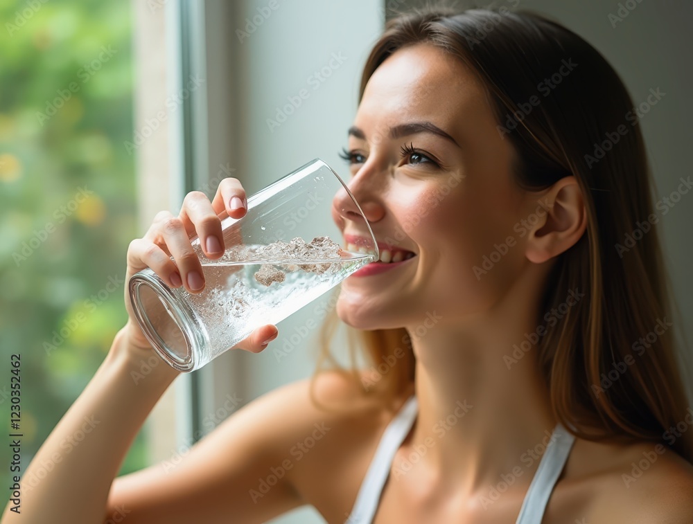 Young Woman Enjoying Refreshing Water by Window: Promoting Hydration and Wellness Young Woman Enjoying Refreshing Water by Window: Promoting Hydration and Wellness