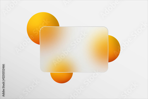Minimalist presentation background in glass morphism style with transparent glass rectangle with blur effect. Decorated with round yellow balls. General gray background. Eps 10