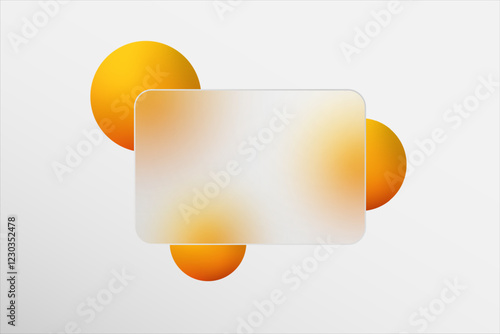 Minimalist presentation background in glass morphism style with transparent glass rectangle with blur effect. Decorated with round yellow balls. General gray background. Eps 10