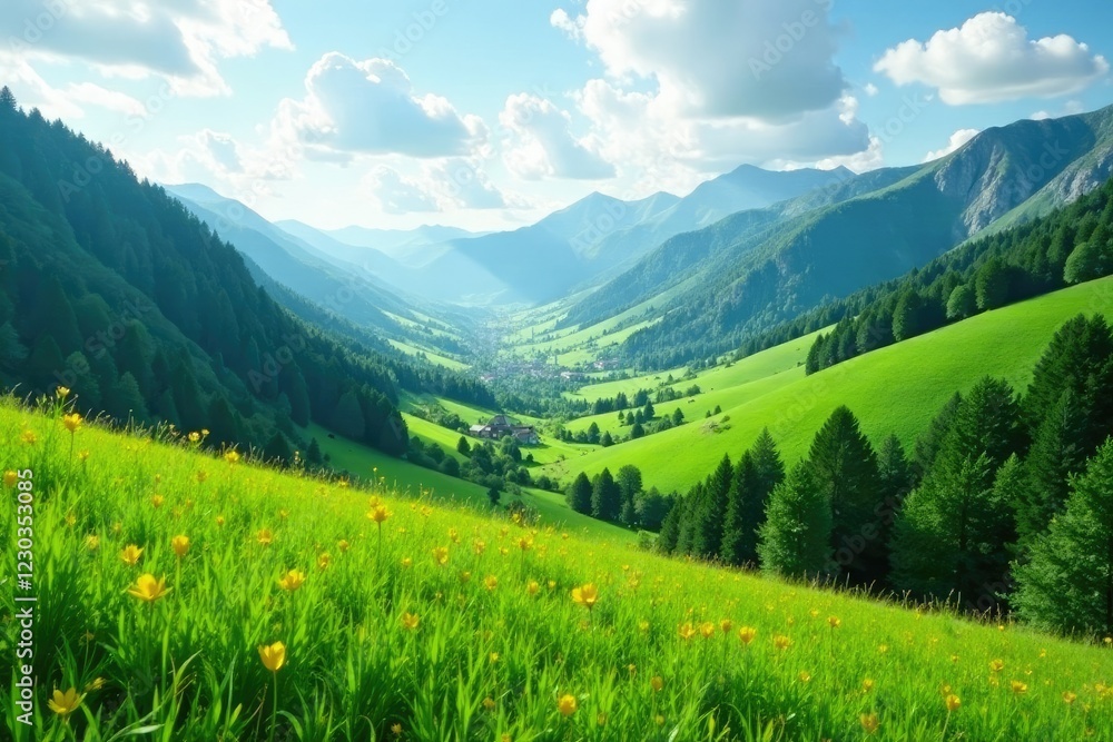 Obraz premium Rolling hills in mountain valley covered with lush green grass, green field, scenery