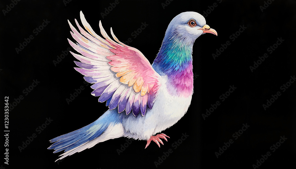Obraz premium Watercolor painting of a soaring pigeon with iridescent blue, pink, and purple feathers in mid-flight against a black background