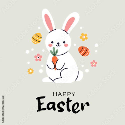 A cute illustration of easter greeting card with rabbit in flat design. Perfect for festive invitations, postcards, party posters and banners. Easter eggs, bunny and flowers. Happy easter.