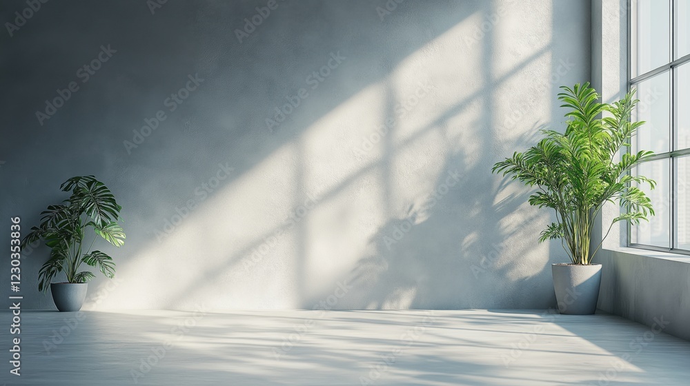 Modern minimalist interior with natural light and potted green plants Modern minimalist interior with natural light and potted green plants