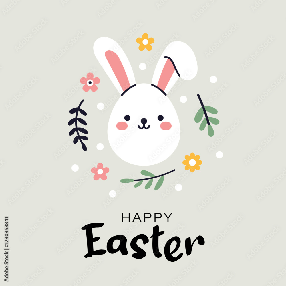 A cute illustration of easter greeting card with rabbit in flat design. Perfect for festive invitation, postcard, party poster or banner. Easter bunny, leaves and flowers. Happy easter illustration. A cute illustration of easter greeting card with rabbit in flat design. Perfect for festive invitation, postcard, party poster or banner. Easter bunny, leaves and flowers. Happy easter illustration.