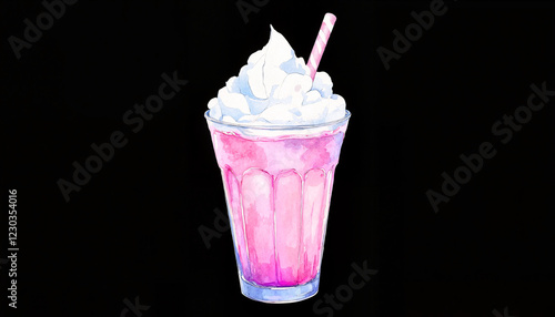 Watercolor painting of a tall glass of pink milkshake topped with whipped cream, with cosmic accents on a black background
