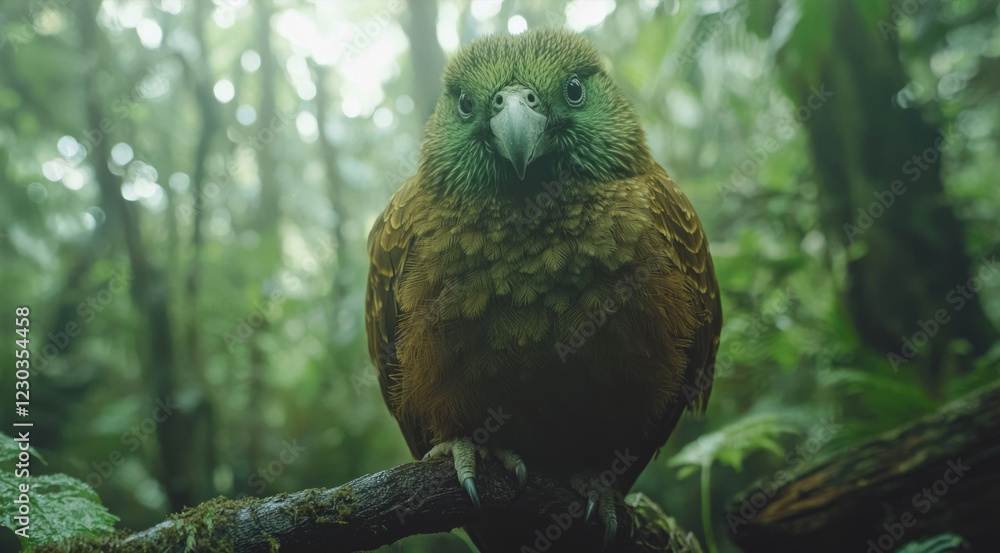 Obraz premium This kakapo rests on a branch in a lush, green forest, surrounded by rich foliage. Its playful demeanor and captivating colors bring life to the tranquil setting in the early morning light