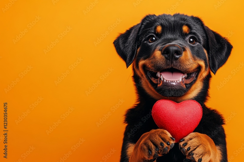 Rottweiler - my desired dog. Promotion creative design. Cute rottweiler pup with critter toy red heart - sign of love, funny greeting card. Heart and dog. Puppy cuddles. Rottweiler - my desired dog. Promotion creative design. Cute rottweiler pup with critter toy red heart - sign of love, funny greeting card. Heart and dog. Puppy cuddles.