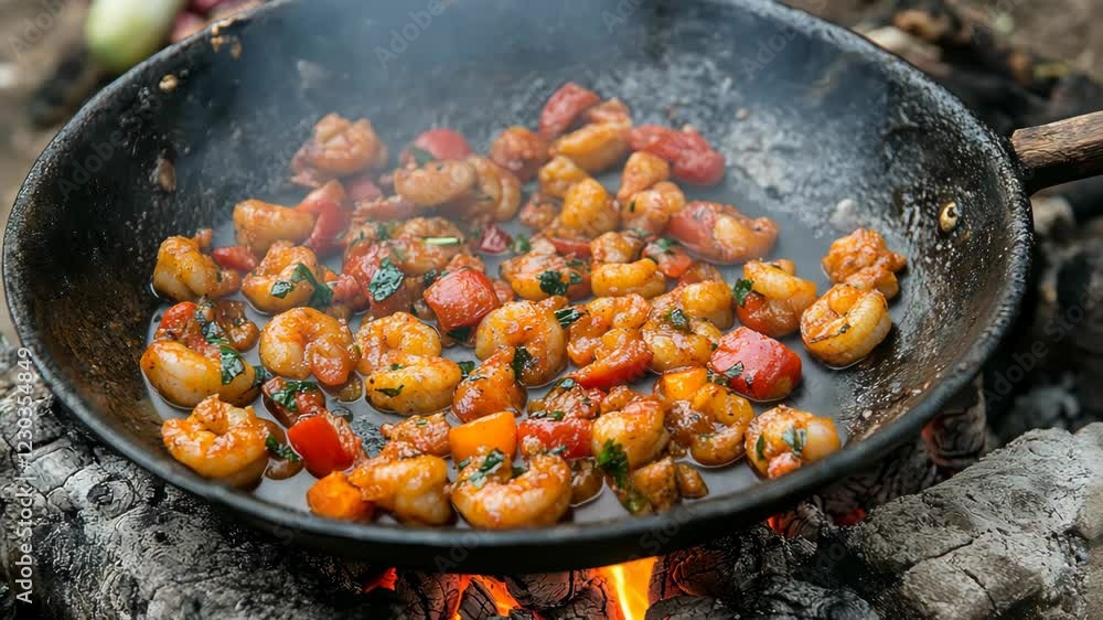 Shrimp being sautéed with vegetables over an open flame in a rustic outdoor setting during an evening cookout Shrimp being sautéed with vegetables over an open flame in a rustic outdoor setting during an evening cookout