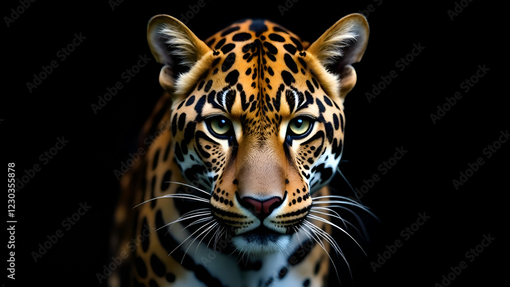 Closeup of a leopards face against a deep black background