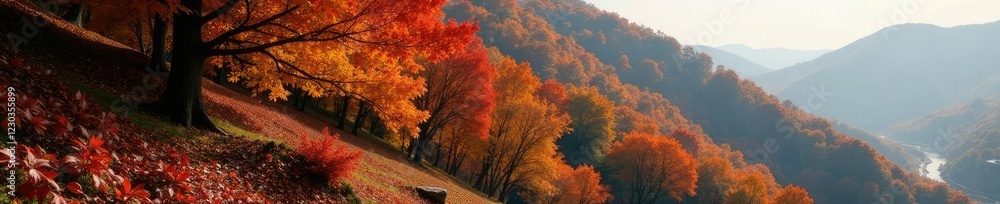 Steep hillside covered in a tapestry of autumn leaves and branches, foliage, fall Steep hillside covered in a tapestry of autumn leaves and branches, foliage, fall