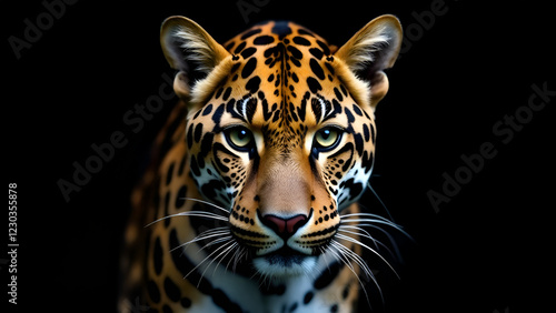 Closeup of a leopards face against a deep black background